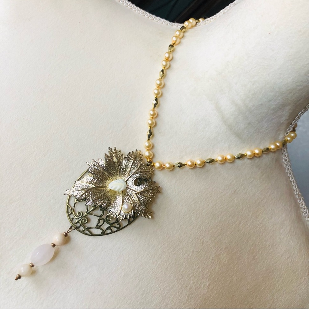 Handcrafted repurpose gold leaf quartz pendant Czech glass Pearl necklace